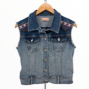 Stradivarius Denim Sleeveless Jacket Vest Embroidered Beaded Trim size Large